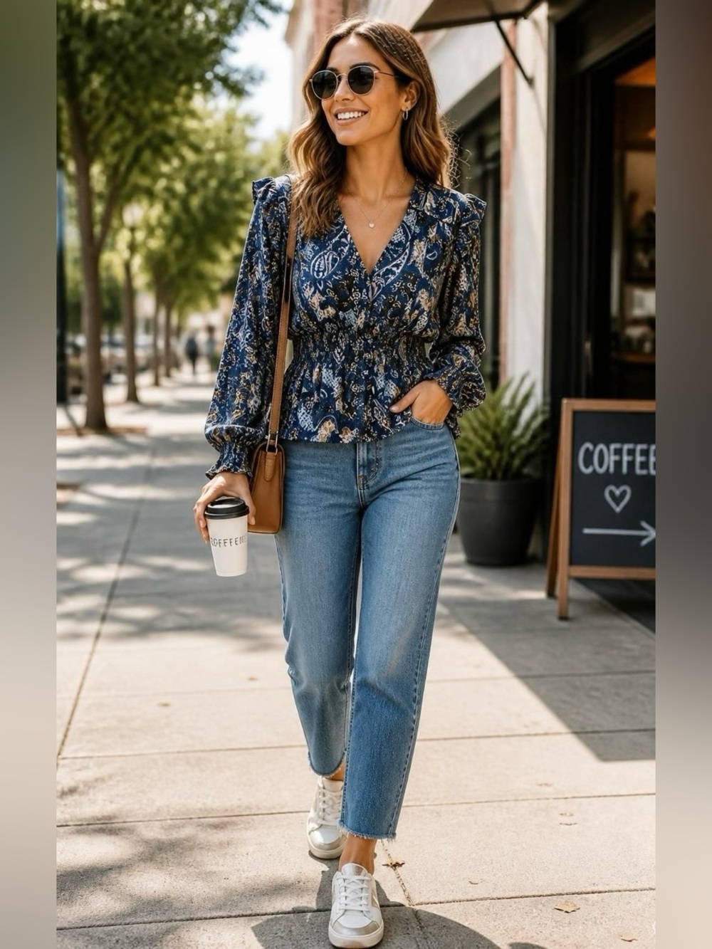 Walter Baker Navy Multi Paisley Ruffle V-Neck Blouse L